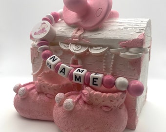 Money box with name treasure chest baby girl pink birth baptism personalized