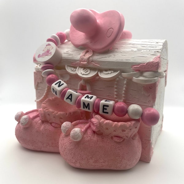 Spardose mit Namen Schatzkiste Baby Mädchen rosa Geburt Taufe personalisiert
