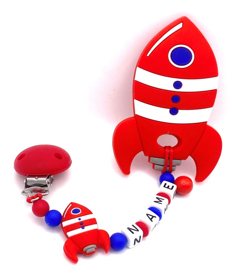 Mordedor para bebé, cadena cohete espacial con nombre, cadena de silicona, ayuda para la dentición, cadena para bebé, rojo imagen 10