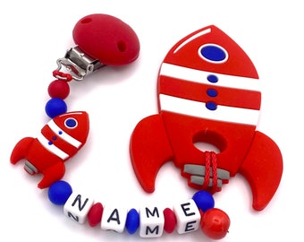 Baby teething ring chain rocket space with name silicone chain teething aid baby chain red