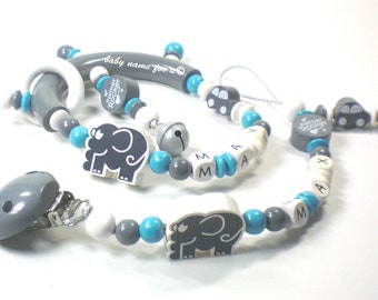 Pacifier chain with name and elephant grip ring