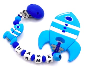 Baby teething ring chain rocket space with name silicone chain teething aid baby chain blue