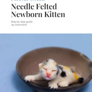 Peut inclure: Un chaton calico en feutre aiguille, avec du pelage blanc, noir et jaune, est couché dans un bol en céramique brun. Le chaton a les yeux fermés et dort paisiblement.