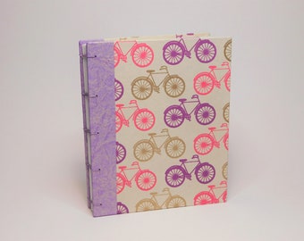 Hand-sewn Coptic Journal/Sketchbook - Purple and Pink Bicycles