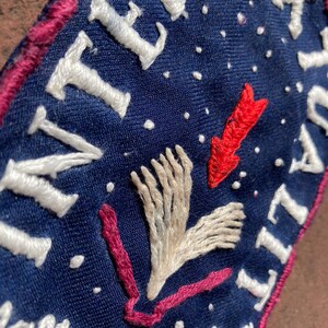 Pu&ograve; includere: Toppa ricamata con sfondo blu navy, testo bianco e bordo rosa. La toppa presenta testo ricamato bianco, una freccia rossa e un disegno ricamato bianco. Il testo include le parole "TER" e "ITALY".