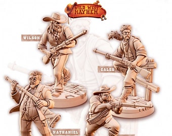 Może przedstawiać: Cztery miniaturowe figurki mieszkańców miasteczka w scenerii Dzikiego Zachodu. Figurki są w różnych pozach akcji, każda trzyma karabin. Figurki są pomalowane na brązowo i stoją na brązowej podstawie. Tekst "Wild West Mayhem" jest nadrukowany na czerwono-żółtej wstążce u góry obrazu. Tekst "Townsfolk Band" jest nadrukowany na brązowej wstążce u dołu obrazu.