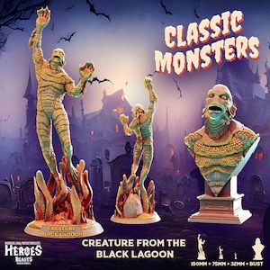 Può includere: Set di figure in miniatura della Creatura della Laguna Nera. Il set include una figura alta 15 cm, una figura alta 7,5 cm, una figura alta 3,2 cm e un busto. Le figure sono verdi e gialle con una texture squamosa. Le figure sono in piedi su una base a tema laguna nera.
