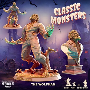 The Wolfman, 150 mm, 75 mm, 32 mm, buste, rollenspellen miniatuur, WoW, Dungeon and Dragons, DnD, klassieke film.