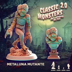 May include: A 3D printed model of a classic science fiction monster, the Metaluna Mutante, with a brain-like head and clawed hands. The model is posed in a walking stance and is printed in a light pink color. The model is part of a set of classic monsters, all pre-supported for 3D printing.