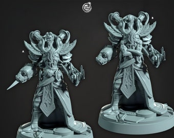 May include: A gray 3D printed miniature of a humanoid figure with mechanical arms and a detailed robe. The figure is standing on a circular base with intricate details. The text "The Savant, Primer Artificer" is visible at the bottom of the image.