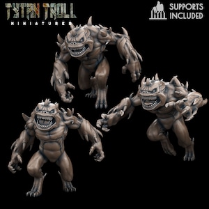 May include: Three 3D printed miniatures of a monstrous creature with sharp teeth, claws, and spikes. The creature is in a crouching position with its arms outstretched. The miniatures are printed in a light brown colour.