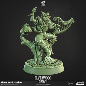May include: A green plastic miniature figurine of an elven bard playing a harp, sitting on a tree stump. The figurine is part of the Elvenwood Grove collection and is 35mm tall.