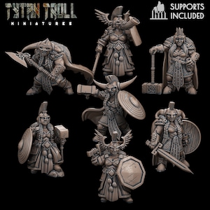 May include: Set of six miniature figurines of female warriors, each with a unique weapon and shield. The figures are painted in a brown and gold colour scheme and have intricate details. The figures are posed in dynamic stances, ready for battle.