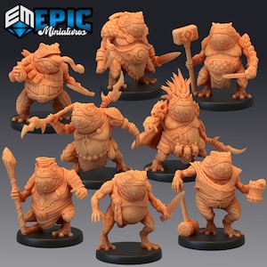 May include: Set of eight detailed miniature figurines of frogs wearing armor and holding weapons. The figurines are painted in a light brown color and are made of a durable plastic material.