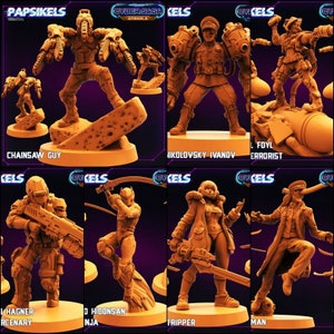 May include: A set of eight miniature figures, painted in various shades of brown and grey, depicting characters from a cyberpunk-themed game. The figures are posed in action stances, holding weapons and tools. The figures are set against a black background with neon green and purple accents.