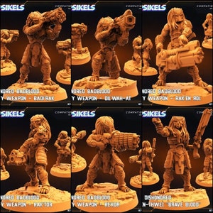 May include: Six miniature figures of a Predator-like alien, each with a different weapon and pose. The figures are painted in a brown and orange color scheme. The figures are labeled with the text "Nored Badblood" and "Dishonored N-Thwei "Brave Blood"".