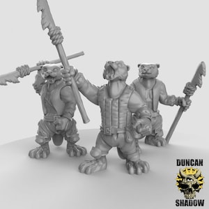 May include: Three gray painted miniature figurines of beavers holding spears. The beavers are wearing leather armor and have a fierce expression on their faces.