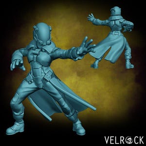 May include: A light blue figurine of a person in a futuristic combat suit, complete with a helmet and long coat. The figure is posed dynamically, with one arm extended and the other bent. The Velrock logo is visible in the bottom right corner.