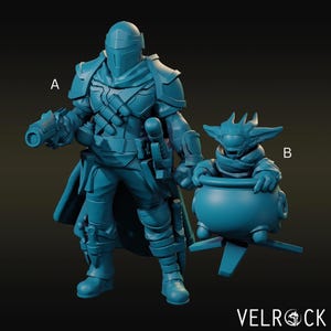 May include: Two teal 3D-printed figurines. One is a detailed armored figure with a helmet and a blaster. The other is a small creature in a cauldron-like vehicle. The Velrock logo is visible at the bottom.