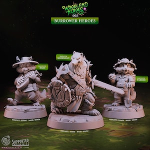 Peut inclure: Trois figurines miniatures en 3D d'animaux de la forêt. Un barbare blaireau avec un bouclier et une épée, un barde raton laveur jouant du luth et un fermier raton laveur tenant une pelle. Les figurines sont peintes en gris et sont prêtes à être peintes.