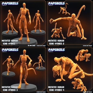 May include: Four 3D printed miniature figures of mutated humans with xenomorph features. The figures are painted in a light orange colour and are posed in various dynamic stances. The figures are labelled "Mutated Human Xeno Hybrid 1", "Mutated Human Xeno Hybrid 2", "Mutated Human Xeno Hybrid 3", and "Mutated Human Xeno Hybrid 4".