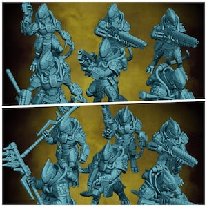 May include: A group of light blue miniature figurines of futuristic soldiers in armour. Each figure is armed with weapons such as rifles and melee weapons. The figures are arranged in rows against a dark background.