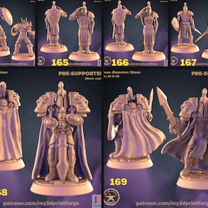 Könnte beinhalten: Ein Satz von 3D-gedruckten Miniaturfiguren von Kriegern, die Rüstungen tragen und Schwerter und Schilde halten. Die Figuren sind vorgerüstet und haben eine Größe von 32 mm. Die Figuren stehen auf einem runden Sockel mit einem Durchmesser von 25 mm.