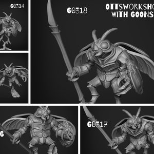 May include: A set of four 3D printed miniature figures of a bug-like creature with wings, a spear, and a shield. The figures are in a grey colour and are posed in different fighting stances. The text "GOONMASTER" and "OTTSWORKSHOP WITH GOONS!" is visible in the image.