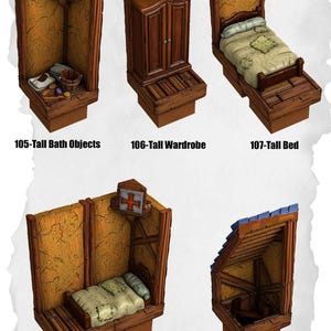 May include: Miniature wooden structures, including a bed, wardrobe, and bath objects, with a rustic aesthetic. The pieces are labelled with numbers and descriptions, suitable for tabletop gaming or model building.