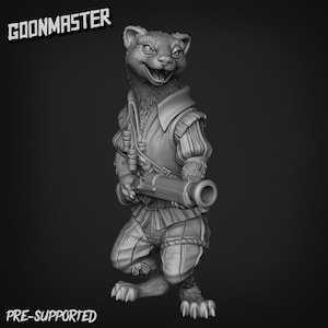 May include: A grayscale 3D-printed figurine of a weasel-like character in Renaissance-style clothing, holding a large cannon. The figurine has the text "GOONMASTER" and "PRE-SUPPORTED" printed on it.