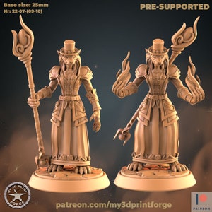 May include: A 3D printed miniature of a humanoid figure with a feline head wearing a top hat and holding a staff with a flame at the top. The figure is wearing a long coat and has a belt around its waist. The miniature is pre-supported and is 25mm in size.