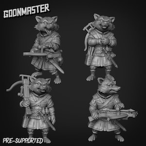 May include: Four 3D printed miniature figures of raccoon-like creatures, each wearing a tunic and holding a crossbow. The figures are posed in different stances, with one holding the crossbow at the ready, another with the crossbow slung over their shoulder, and two others with the crossbow held in their hands. The figures are pre-supported and ready to be painted.