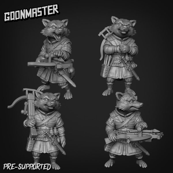 Raccoon Rogues set 3 with crossbows, by Goons Dnd, Dungeon and Dragon Mini, Tabletop Miniature, Miniature, Fantasy Miniatures,