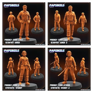 Può includere: Quattro immagini di figurine in miniatura di colore marrone-arancio uniforme. Ogni immagine presenta una figura centrale con due figure più piccole. Il testo include "PAPSIKELS", "PRODIGY CORP CHIEF SCIENTIST KIRSH" e "PRODIGY CORP HYBRID SYNTHETIC WENDY".