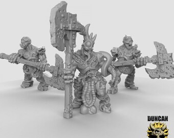 Plague Demon Miniatures (Greater Axe) | 28mm-32mm | Unpainted Resin Plague Demons with Great Axes for D&D / Pathfinder | RPG Tabletop