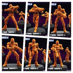 May include: Six orange plastic miniature figures of cyborg troopers with guns. The figures are posed in action stances and are standing on black bases. The figures are labeled "Cyborg Trooper 1" through "Cyborg Trooper 6".