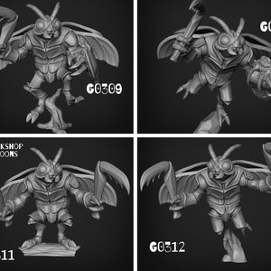 May include: Four 3D printed miniature figures of insect-like creatures with wings and various weapons. The figures are posed in different action stances. The figures are labelled G0309, G0310, G0311, and G0312.