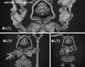 May include: A 3D printed miniature of a cat-like creature wearing a hooded robe and holding a staff. The creature has a crown on its head and is holding a staff with a diamond-shaped top. The miniature is painted in a grey colour.