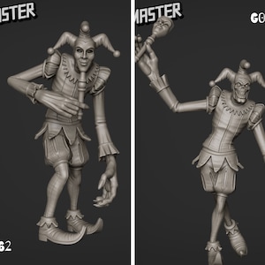 Puede incluir: Dos modelos impresos en 3D de una figura de bufón, uno con una cara más realista y el otro con una cara más esquelética. Ambas figuras sostienen un cetro con una cara en el extremo. Las figuras están posadas de forma dinámica, una de pie con los brazos cruzados y la otra de pie con los brazos levantados. Ambas figuras llevan un sombrero y un traje de bufón.