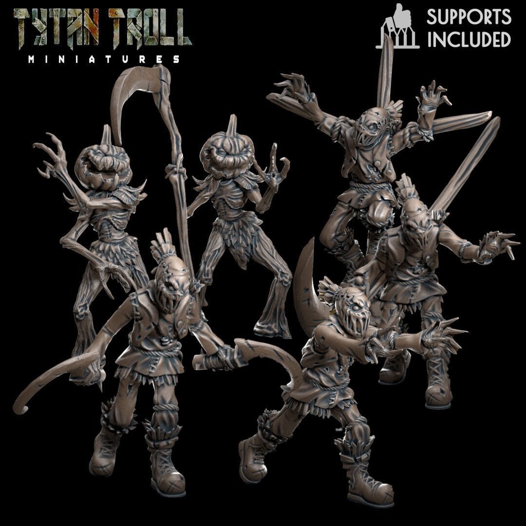 Scarecrow Miniature Bundle | 28/32mm Horror & Halloween RPG Mini | Undead Pumpkin Monster for DnD and Tabletop gaming, Undead Scarecrow mini