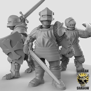 May include: Three grey plastic miniature figures of knights wearing armour and helmets. The knights are holding swords and shields. The shields have a cross design.
