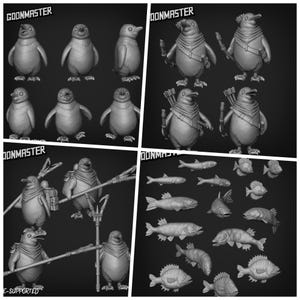 Può includere: Una collezione di figurine di pinguini stampate in 3D in varie pose, alcune con armi e accessori. L'immagine include anche diversi modelli di pesci. Le figurine sono in tonalità di grigio, con il testo "GOONMASTER" visibile nell'angolo in alto a sinistra.