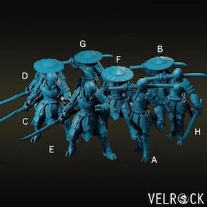 May include: A group of blue miniature samurai figures, each in a different pose. The figures are detailed with armour, swords, and hats. The Velrock logo is visible at the bottom.
