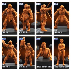 Peut inclure: Présentation de huit figurines orange-brun. Les figurines représentent divers personnages, certains avec armures et armes, d'autres en tenues plus décontractées. Le texte "CAST NTER DEK" et "SKULL HUNTER COMPA" est visible sur les socles.