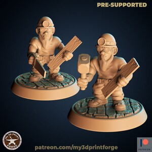 May include: Two 3D printed miniature figures of dwarves wearing hard hats and goggles, holding tools and planks of wood. The figures are standing on circular bases with a cobblestone design. The figures are pre-supported for 3D printing.