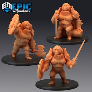 May include: Three 3D printed miniatures of armoured gorillas, each holding a different weapon. The gorilla on the left is holding a shield and an axe, the gorilla in the middle is holding a sword, and the gorilla on the right is holding a sword and a shield.