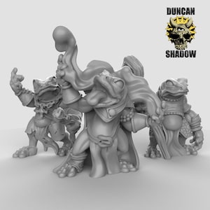 Könnte beinhalten: Drei graue, bemalte Miniaturfiguren von Fröschen, die Roben tragen und Stäbe halten. Der Frosch in der Mitte hält einen Stab mit einem wirbelnden, flammenartigen Design. Der Text "DUNCAN SHADOW" ist im Hintergrund sichtbar.
