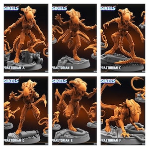 May include: Six miniature figures of a Xenomorph from the Alien franchise. The figures are painted in a light orange color and are posed in various action poses. Each figure is standing on a gray base with the text "SIKELS" and "PRAETORIAN" followed by a letter.