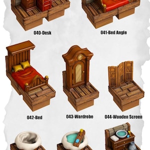 May include: A selection of miniature wooden furniture items, such as a desk, bed, wardrobe, screen, bath, and sink. The pieces are designed with a rustic aesthetic, featuring warm brown tones and stone accents. The image includes the text "040-Desk" through "047-Sink".