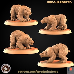 Peut inclure: Quatre poses différentes d'une figurine miniature d'ours brun, pré-supportée pour l'impression 3D. L'ours est debout sur une base ronde.